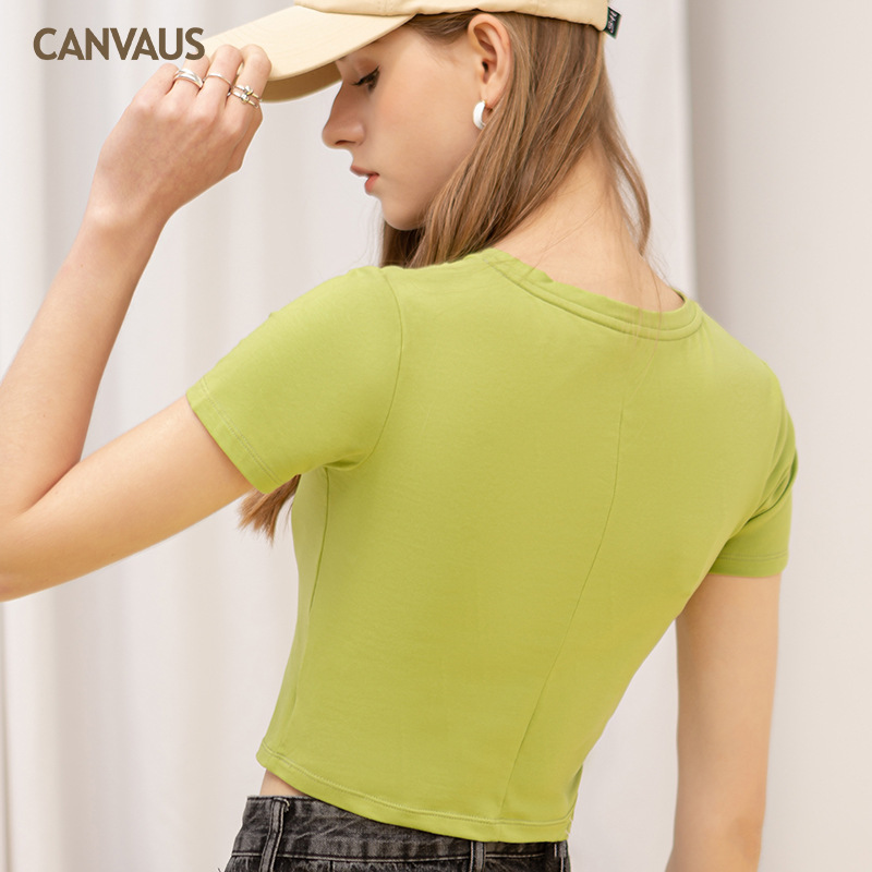 Short Round-Neck Crop Cord Short-Sleeved T-Shirt