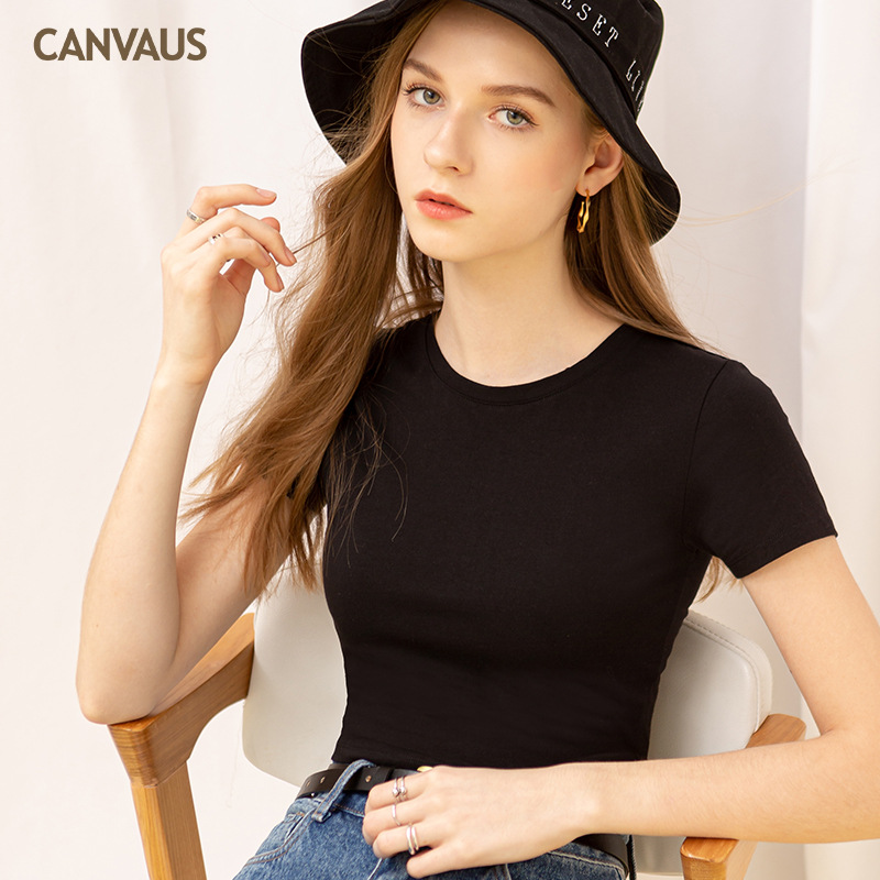 Short Round-Neck Crop Cord Short-Sleeved T-Shirt