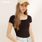 Square-Neck Threaded Cotton Short Short-Sleeved T-Shirt