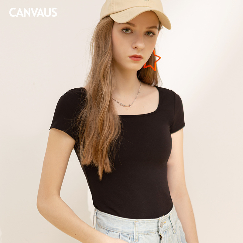 Square-Neck Threaded Cotton Short Short-Sleeved T-Shirt