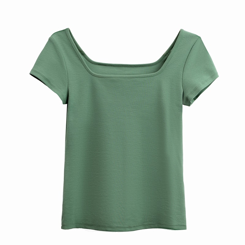 Square-Neck Threaded Cotton Short Short-Sleeved T-Shirt