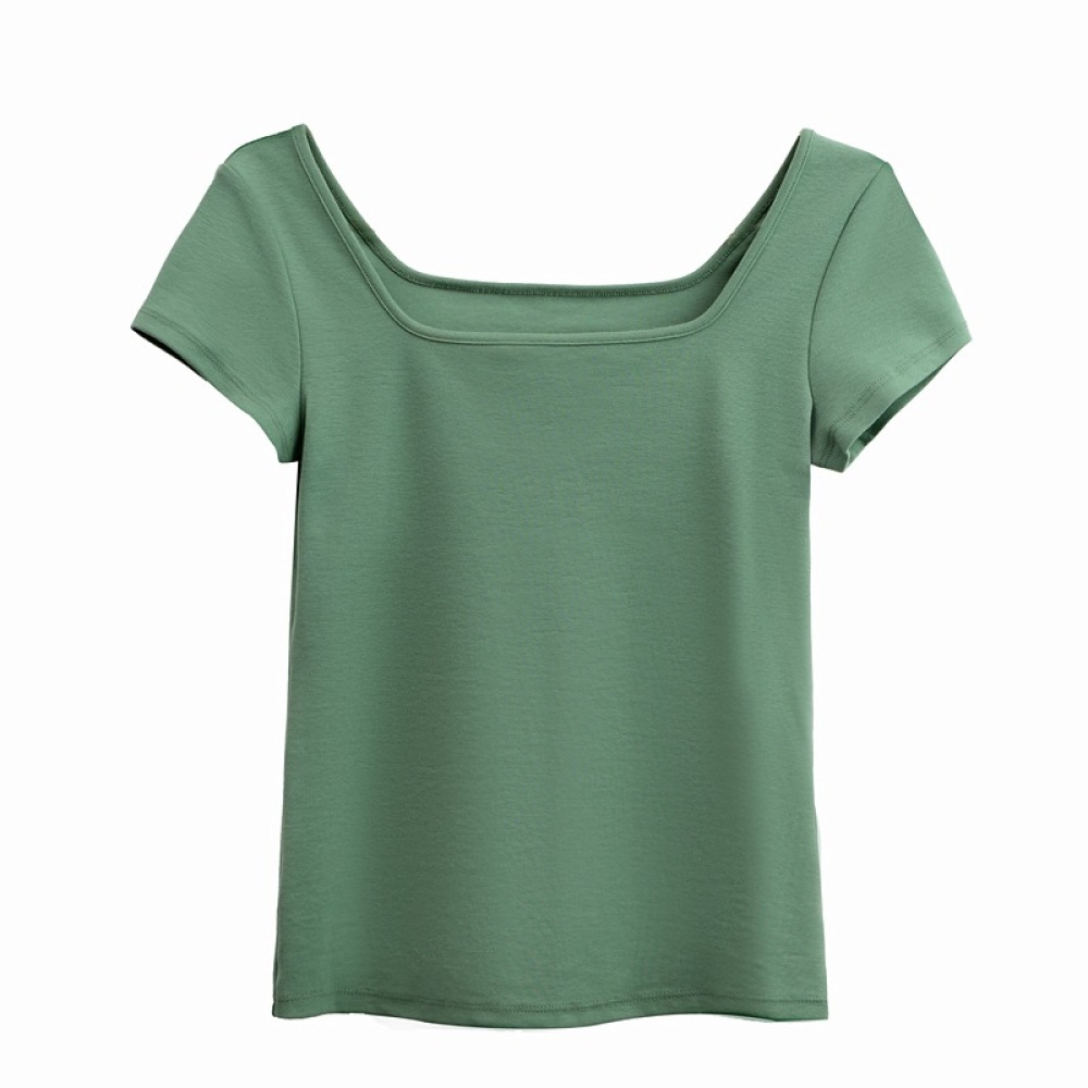 Square-Neck Threaded Cotton Short Short-Sleeved T-Shirt