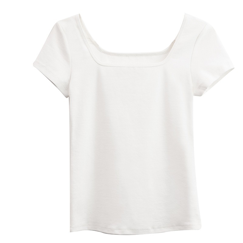 Square-Neck Threaded Cotton Short Short-Sleeved T-Shirt