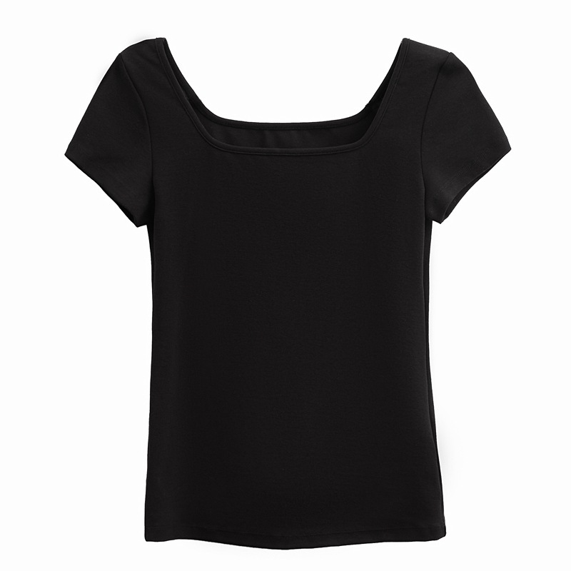 Square-Neck Threaded Cotton Short Short-Sleeved T-Shirt