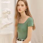 Square-Neck Threaded Cotton Short Short-Sleeved T-Shirt