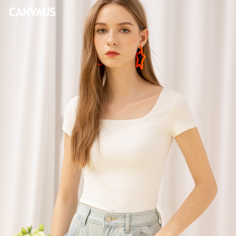 Square-Neck Threaded Cotton Short Short-Sleeved T-Shirt