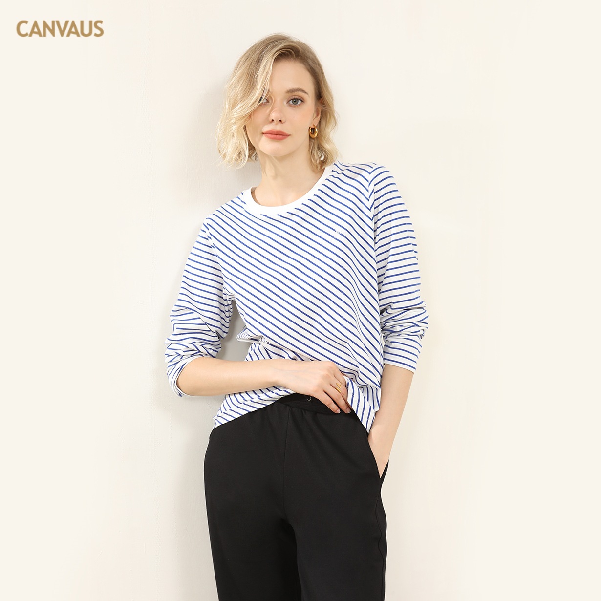 Striped Navy Style Round-Neck Long-Sleeved T-Shirt