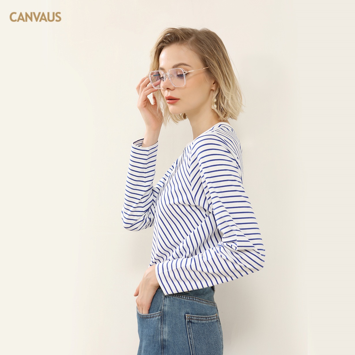 Striped Navy Style Round-Neck Long-Sleeved T-Shirt