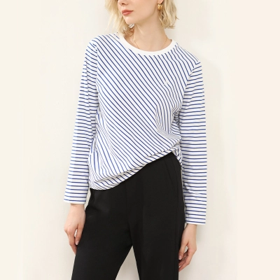 Striped Navy Style Round-Neck Long-Sleeved T-Shirt 02