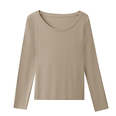 Women's Long-Sleeved Round-Neck Double-Sided Fleece Basic T-Shirt 01
