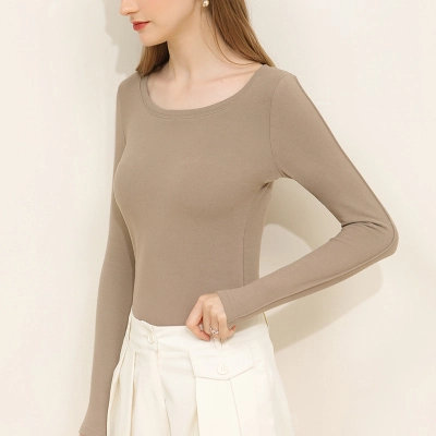 Women's Long-Sleeved Round-Neck Double-Sided Fleece Basic T-Shirt 02