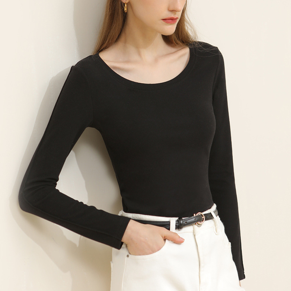 Women's Long-Sleeved Round-Neck Double-Sided Fleece Basic T-Shirt
