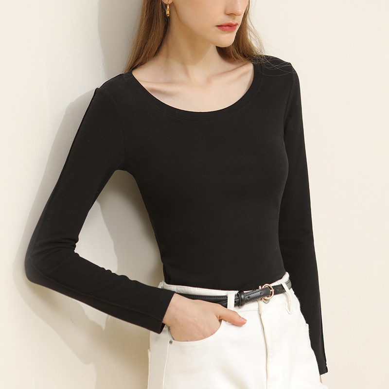 Women's Long-Sleeved Round-Neck Double-Sided Fleece Basic T-Shirt