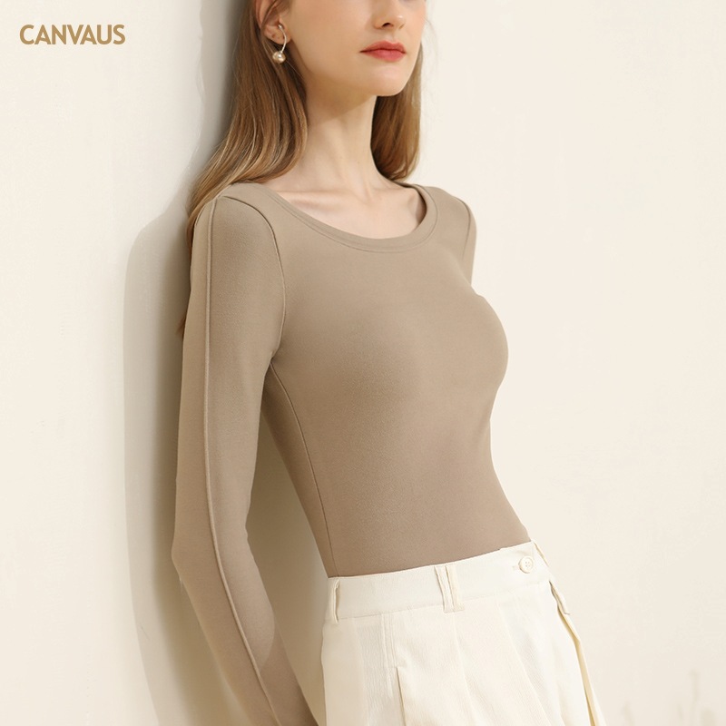 Women's Long-Sleeved Round-Neck Double-Sided Fleece Basic T-Shirt