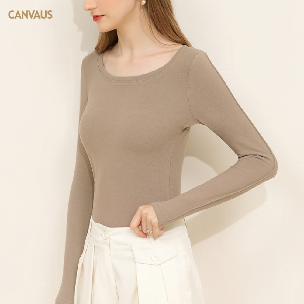 Women's Long-Sleeved Round-Neck Double-Sided Fleece Basic T-Shirt