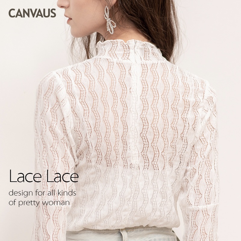 Lace Gauze Net Half-High Neck Long Sleeve Inner Shirt