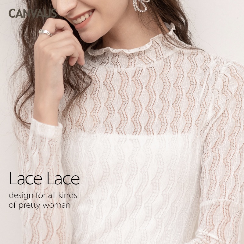 Lace Gauze Net Half-High Neck Long Sleeve Inner Shirt