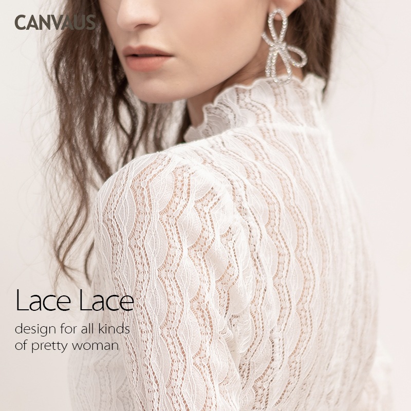 Lace Gauze Net Half-High Neck Long Sleeve Inner Shirt