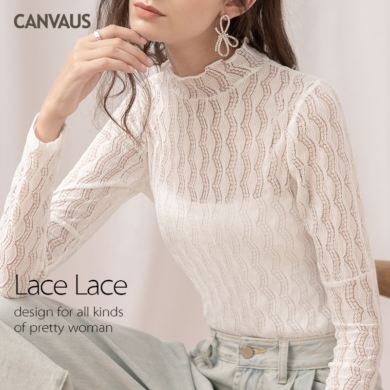 Lace Gauze Net Half-High Neck Long Sleeve Inner Shirt