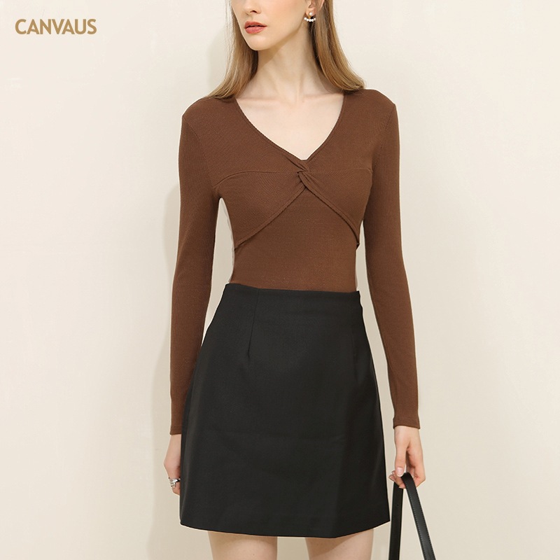 Long-Sleeved T-Shirt Short V-Neck Base Knitted Sweater