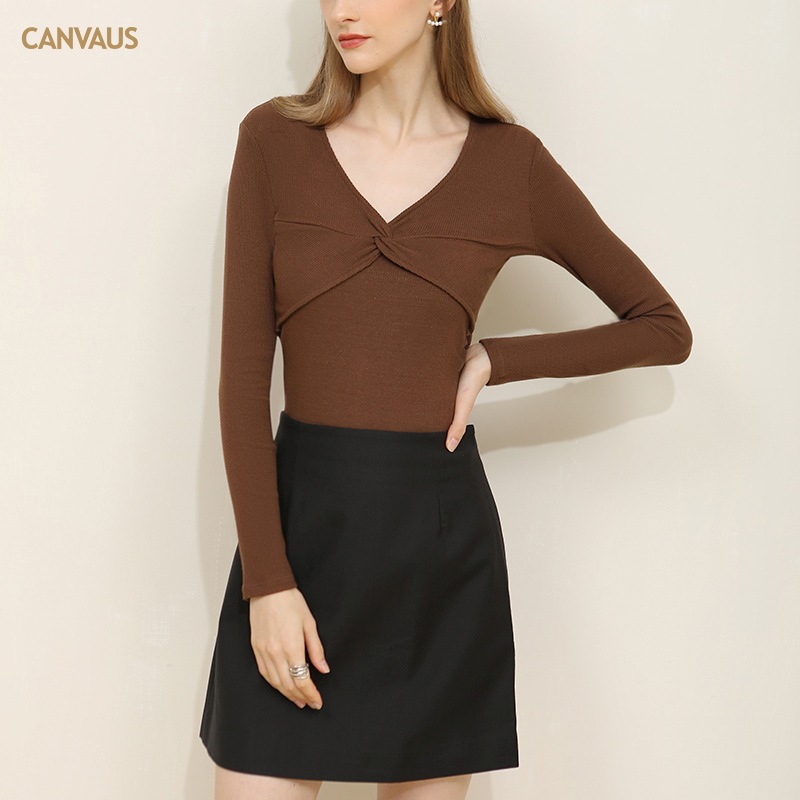 Long-Sleeved T-Shirt Short V-Neck Base Knitted Sweater