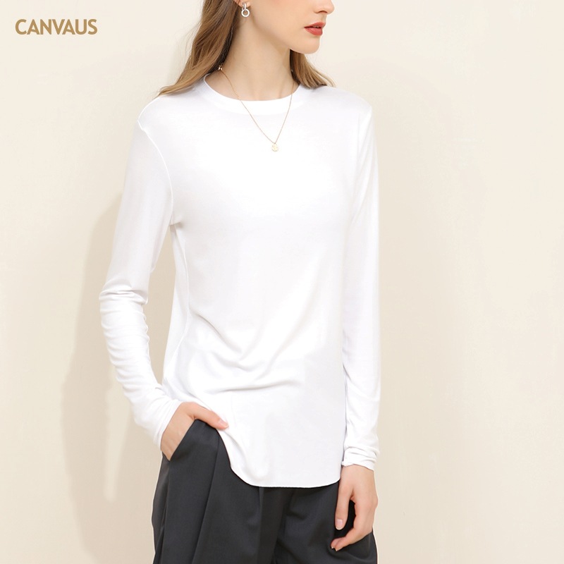 New Loose Fit White Round Neck Long-Sleeved T-Shirt for Women