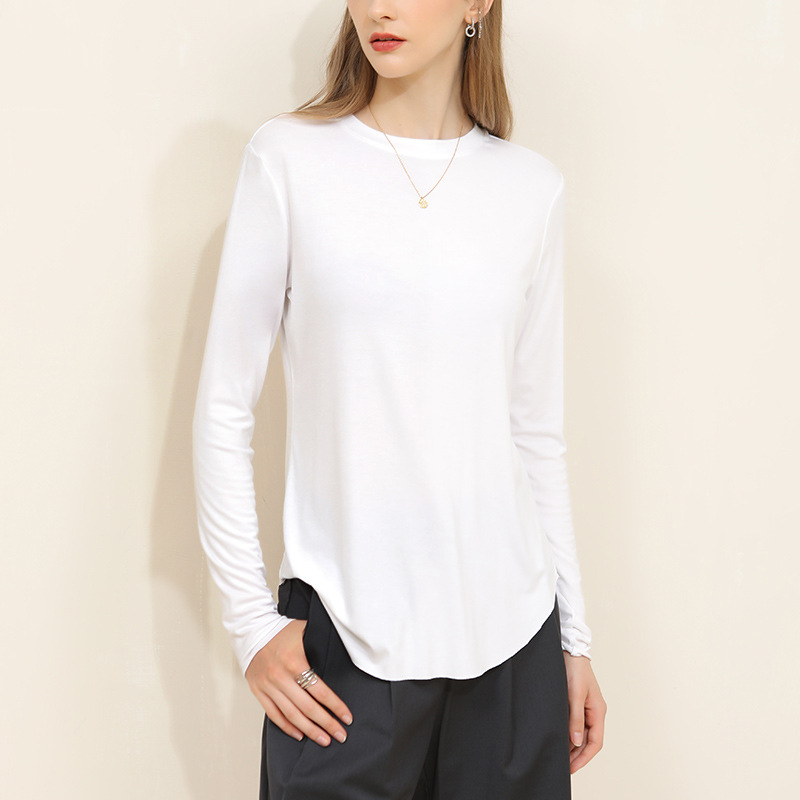 New Loose Fit White Round Neck Long-Sleeved T-Shirt for Women