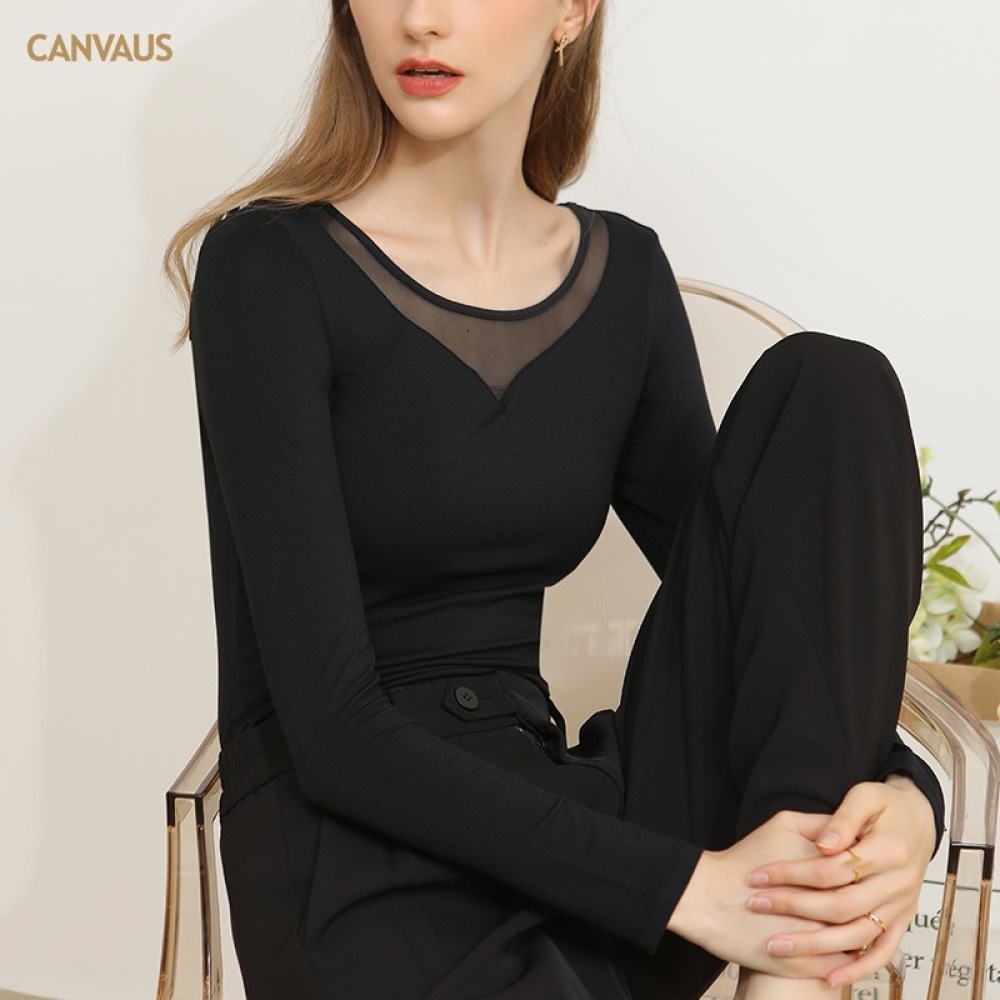 Round-Neck Mesh Tulle Patchwork Long-Sleeved Base Shirt