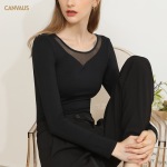 Round-Neck Mesh Tulle Patchwork Long-Sleeved Base Shirt