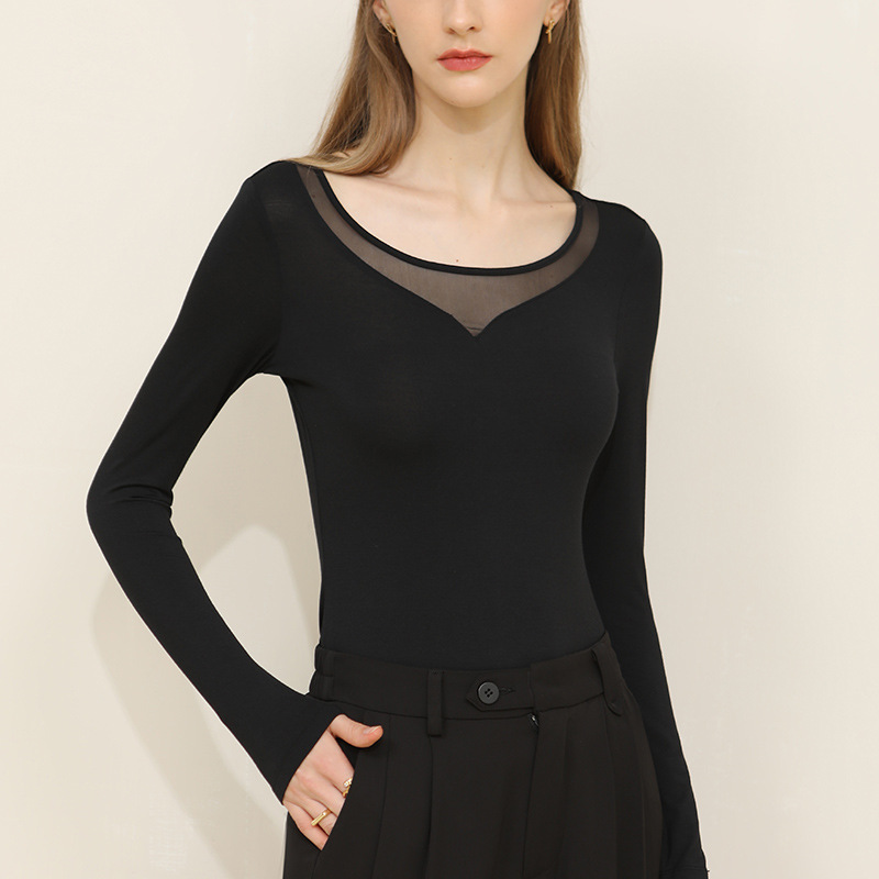 Round-Neck Mesh Tulle Patchwork Long-Sleeved Base Shirt