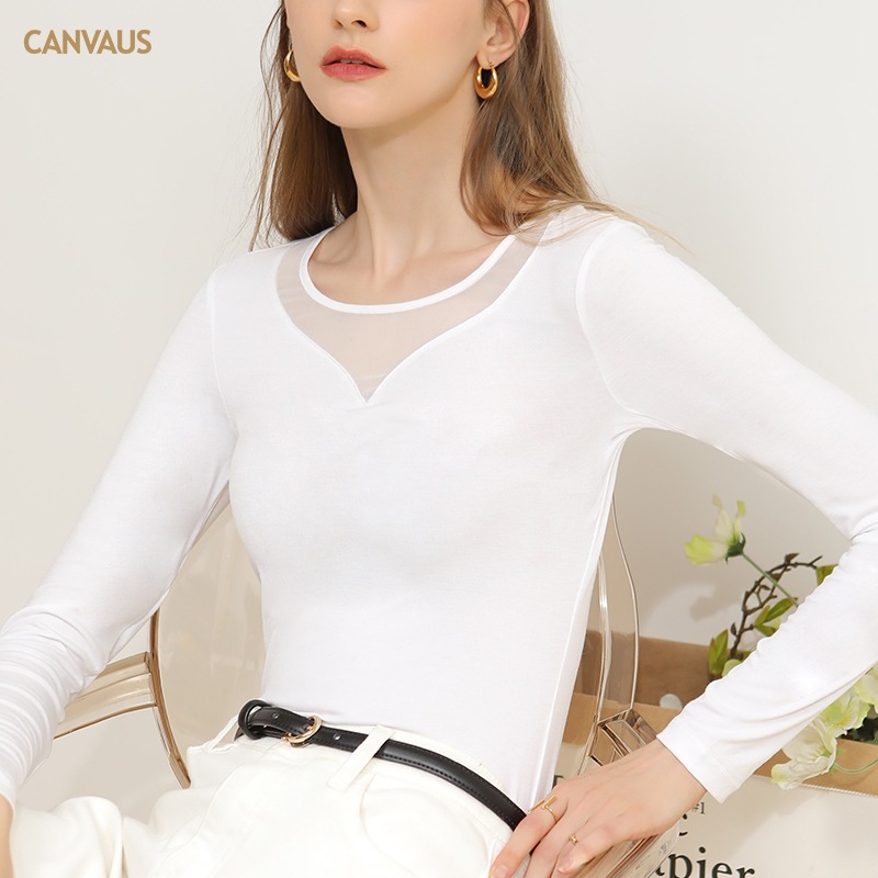 Round-Neck Mesh Tulle Patchwork Long-Sleeved Base Shirt