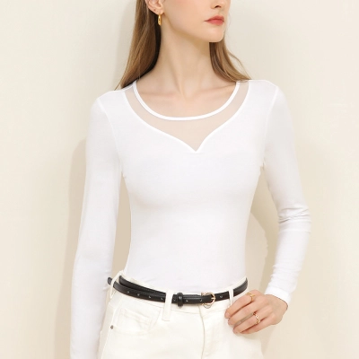 Round-Neck Mesh Tulle Patchwork Long-Sleeved Base Shirt 02