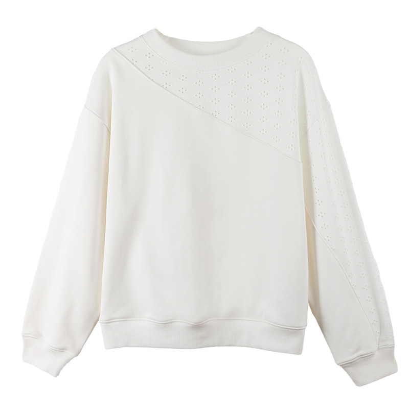 Simple Solid-Color Patchwork Round-Neck Long-Sleeved Top