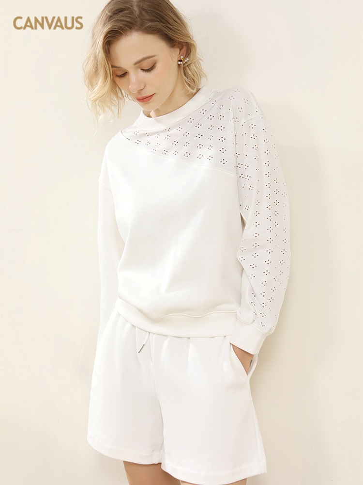 Simple Solid-Color Patchwork Round-Neck Long-Sleeved Top