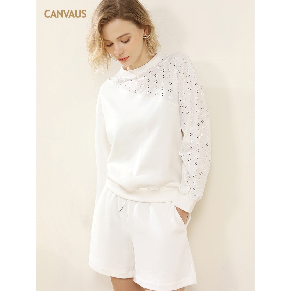 Simple Solid-Color Patchwork Round-Neck Long-Sleeved Top