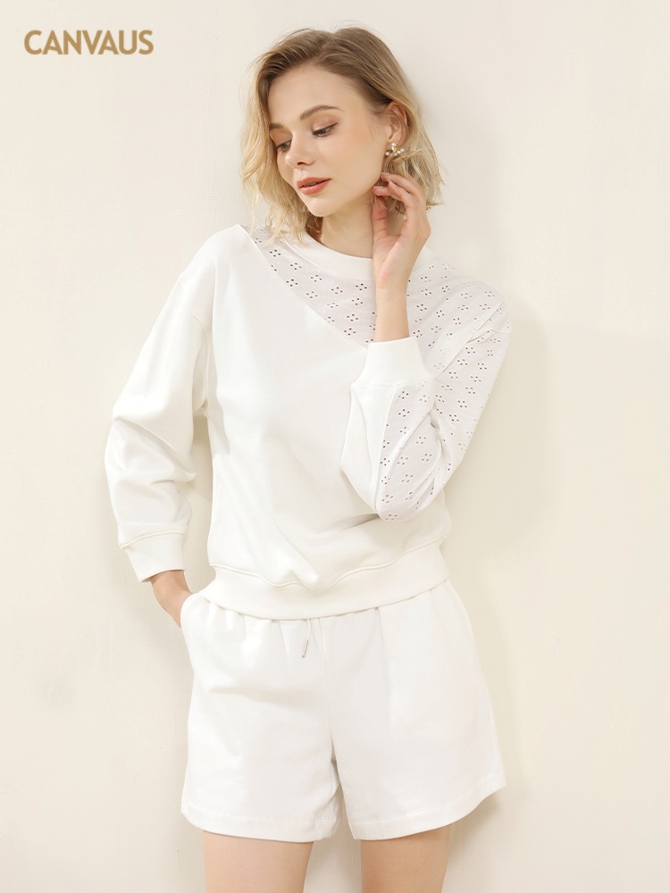 Simple Solid-Color Patchwork Round-Neck Long-Sleeved Top