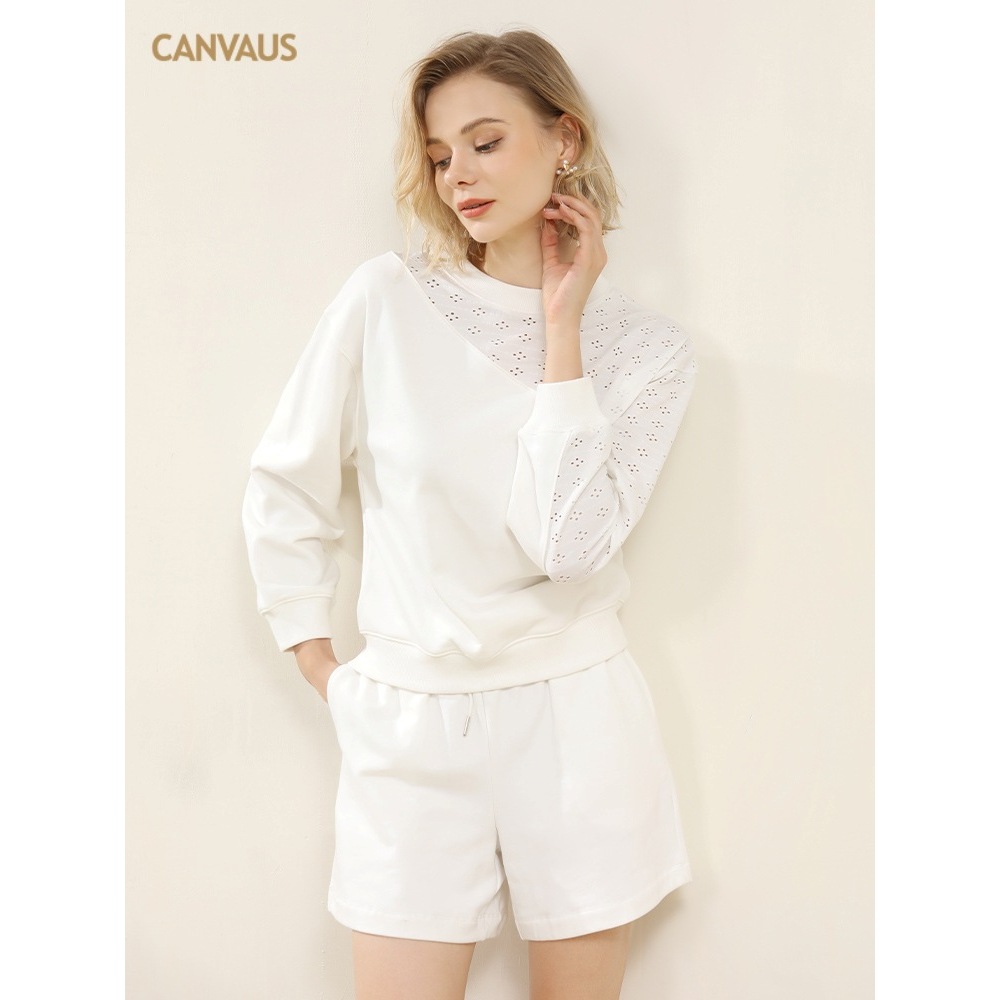 Simple Solid-Color Patchwork Round-Neck Long-Sleeved Top