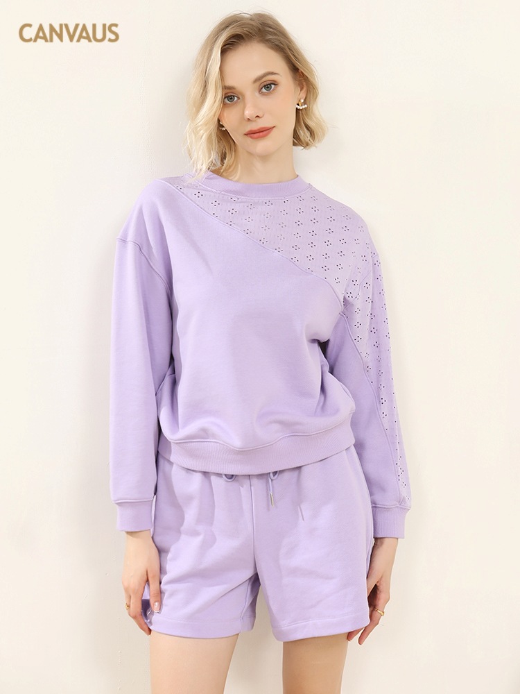 Simple Solid-Color Patchwork Round-Neck Long-Sleeved Top