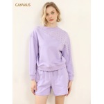 Simple Solid-Color Patchwork Round-Neck Long-Sleeved Top