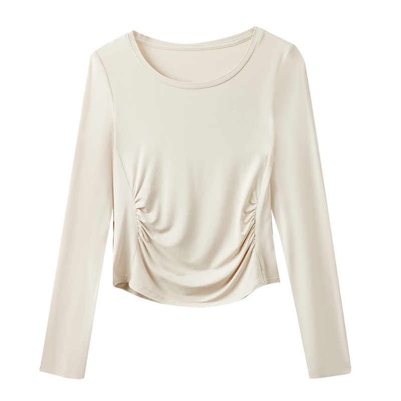 Women's Round-Neck Pleated Long-Sleeved T-Shirt