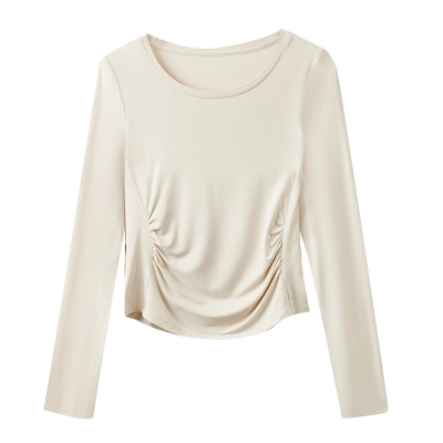 Women's Round-Neck Pleated Long-Sleeved T-Shirt 01