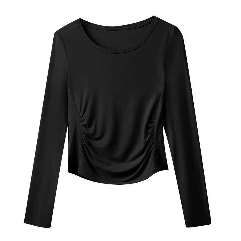 Women's Round-Neck Pleated Long-Sleeved T-Shirt