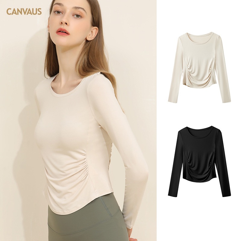 Women's Round-Neck Pleated Long-Sleeved T-Shirt