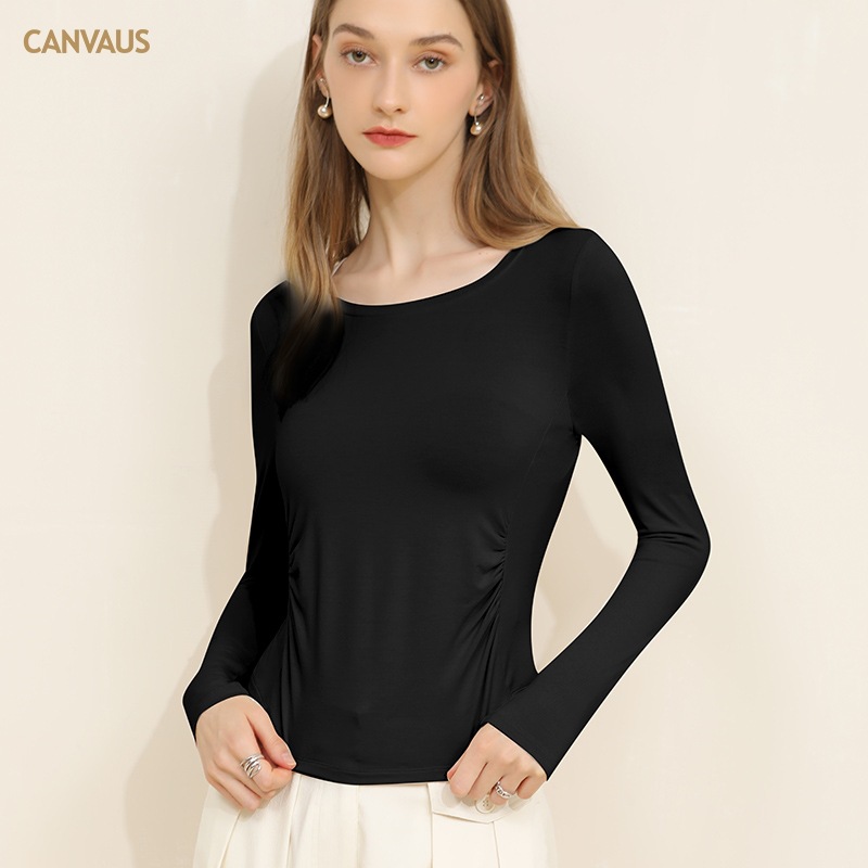 Women's Round-Neck Pleated Long-Sleeved T-Shirt