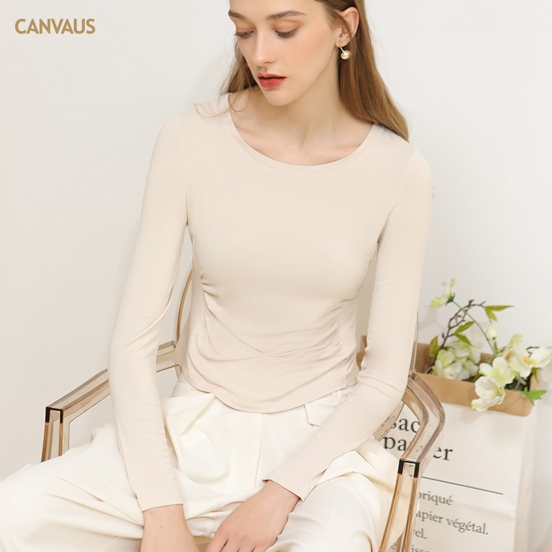 Women's Round-Neck Pleated Long-Sleeved T-Shirt