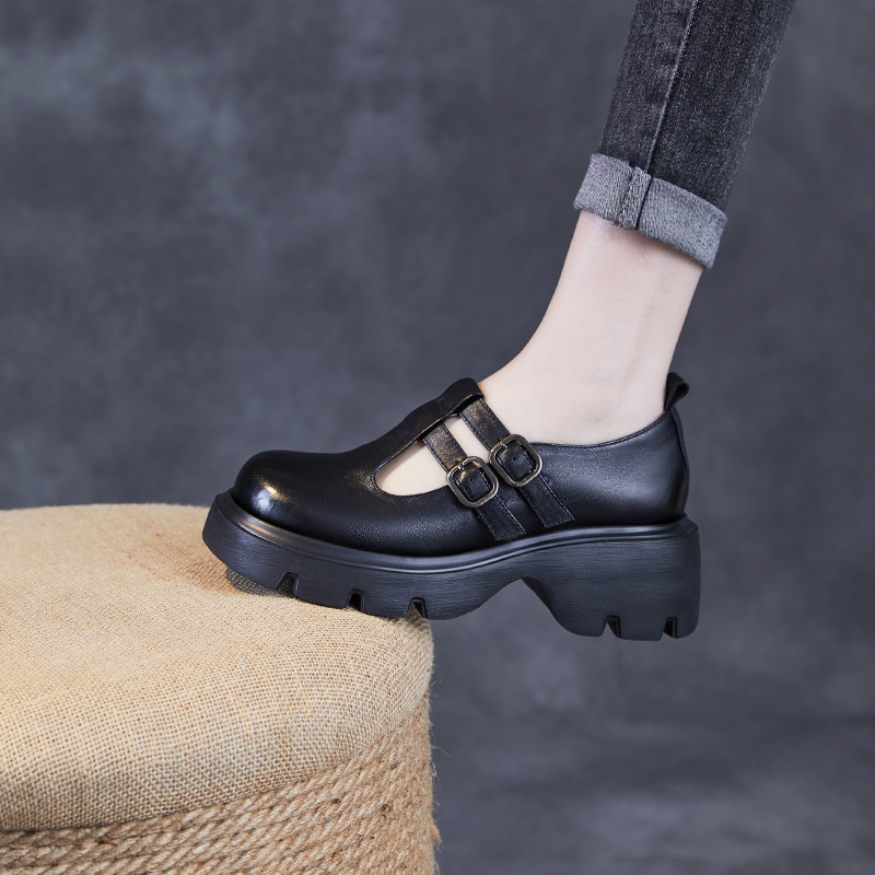 Best - selling Double - belt Buckle Thick - soled Loafers for Women