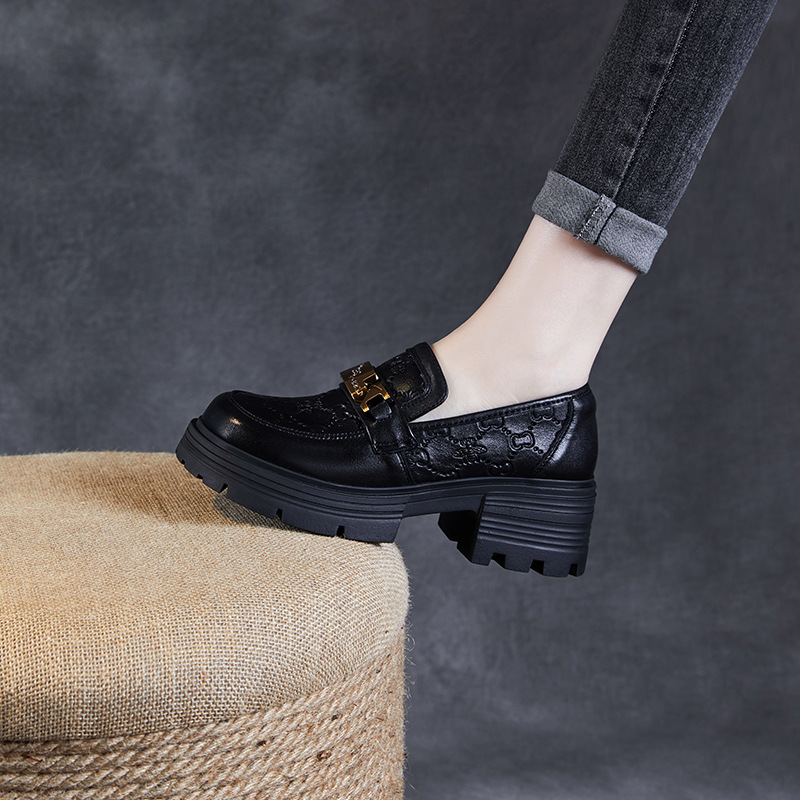 Black Embossed Thick - soled British Style Loafers for Women