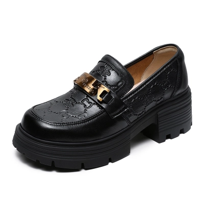 Black Embossed Thick - soled British Style Loafers for Women 01