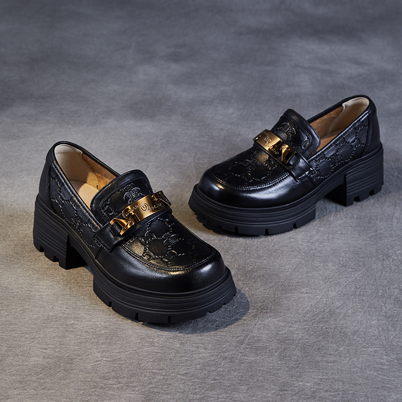 Black Embossed Thick - soled British Style Loafers for Women