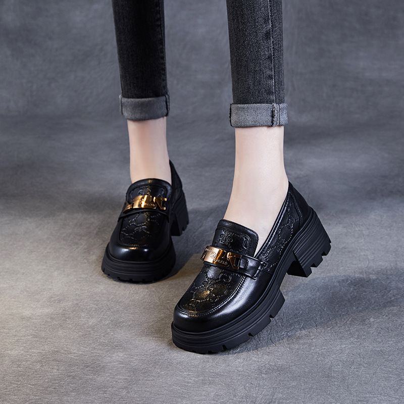 Black Embossed Thick - soled British Style Loafers for Women